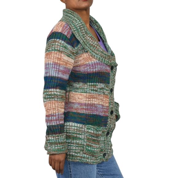 Vintage Hand Loomed Knit Cardigan Sweater Green Marled Rainbow Stripe 70s Medium - Picture 3 of 16